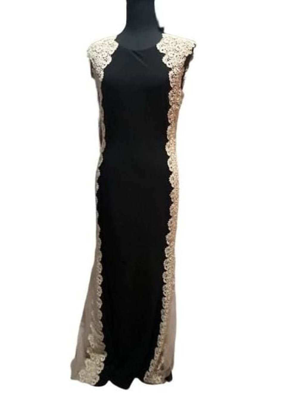 Avery G Black Bodycon Cocktail Dress with Creamy Gold Lace Accents, Size 8